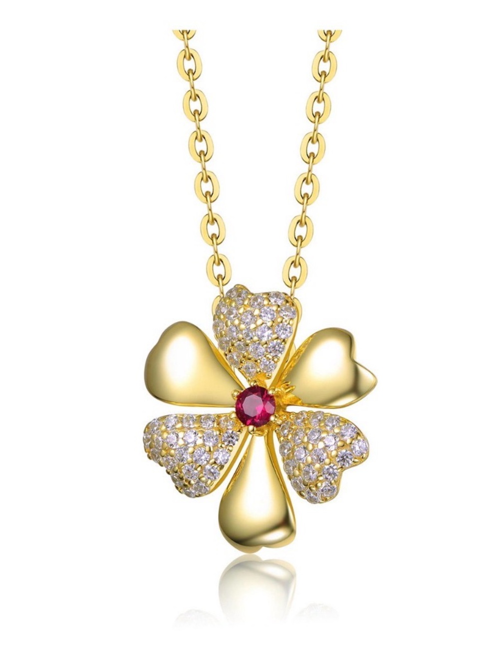 Rachel Glauber 14k Gold Plated Pave Flower Pendant Necklace with Pink Gem